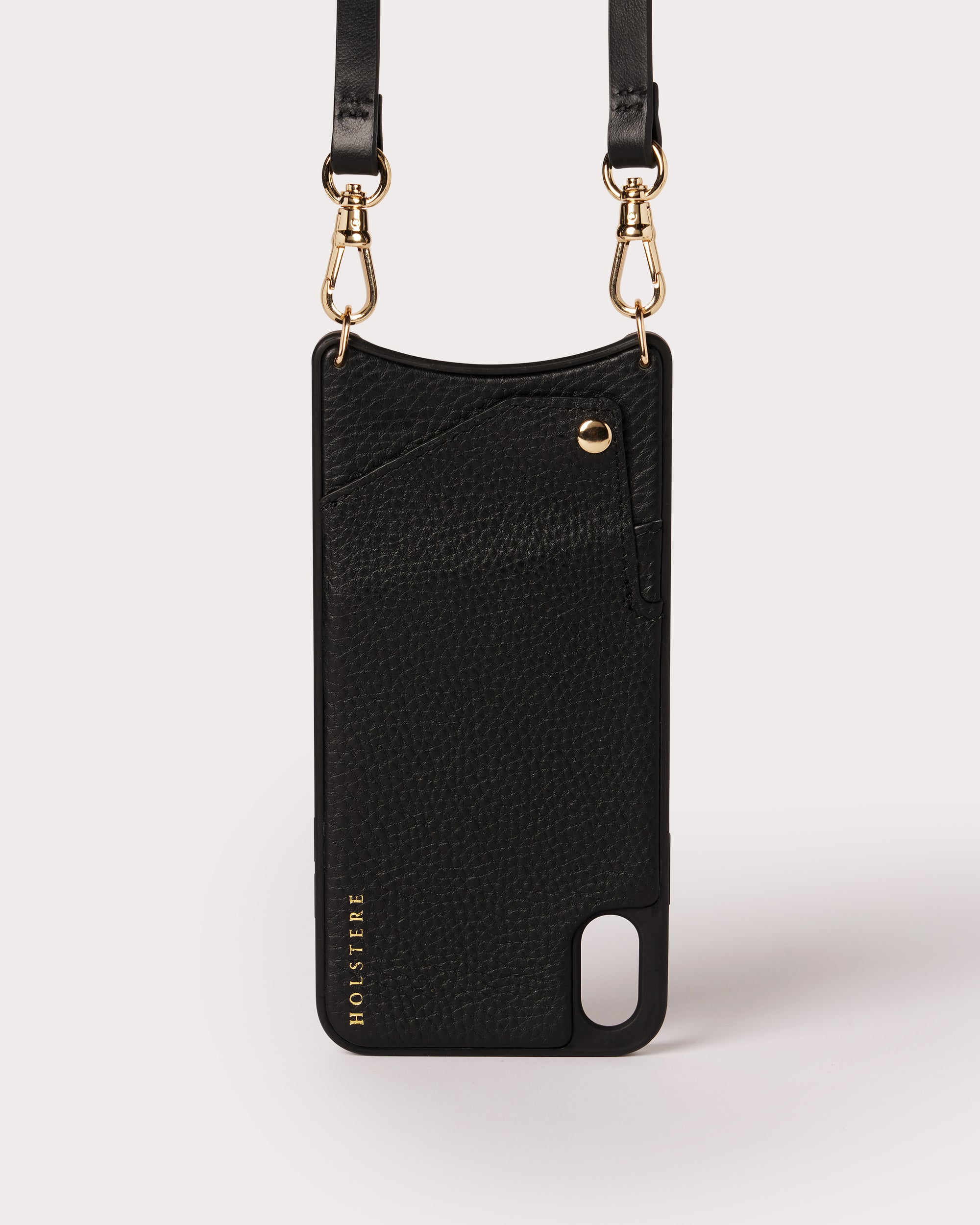Holstere Genuine Leather iPhone Case Crossbody Phone Purse Cross Body Holster Clip for Easy Carry Hands Free - Real Black Pebbled Leather Snap In Phone Case with Wallet Credit Card ID Sleeve and Snap Shut Button  - 3 Strap Options: Chain, Plain Adjustable Length Leather, or Black Leather with Gold Studs.  iPhone Leash for iPhone 6, 6s, SE, 7, 8, 6 Plus, 7 Plus, 8 Plus, X, 10, XS, XR, XS Max