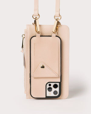 Holstere Genuine Leather iPhone Case Crossbody Phone Purse Cross Body Add On Zipper Zipped Pouch Cream Rosy Blush for Extra Carry Space with Gold Zipper