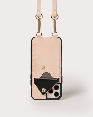 Holstere Genuine Leather iPhone Case Crossbody Phone Purse Cross Body Holster Clip for Easy Carry Hands Free - Cream (Rosy Blush / Pink) Pebbled Real Leather Snap In Phone Case with Wallet Credit Card ID Sleeve, Snap Shut Button, and Adjustable Length Shoulder Strap with Gold Hardware and Clasps. iPhone Leash for iPhone 6, 6s, 7, 8, SE, X, 10, XS, XR, 11, 11 Pro, 11 Pro Max, 12, 12 Pro, 12 Pro Max, 13, 13 Pro, 13 Pro Max, 13 Mini
