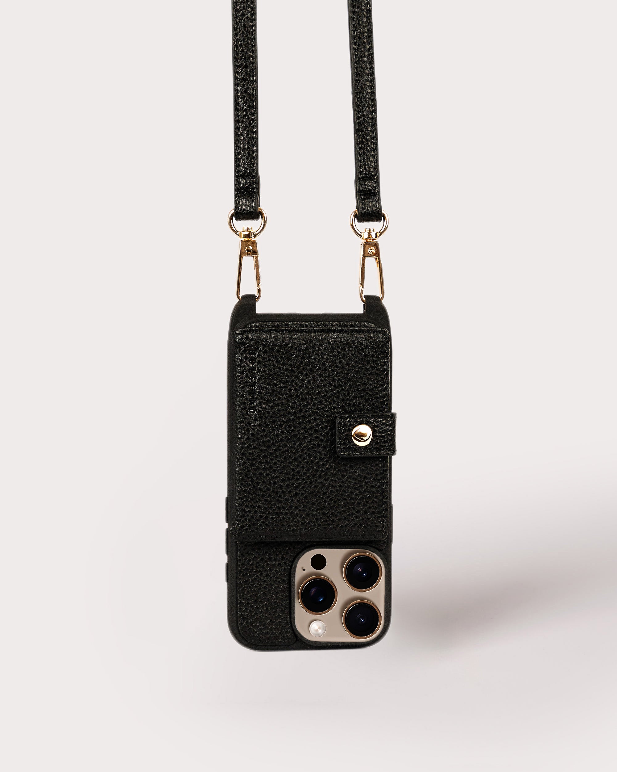 Holstere Vegan Leather iPhone Case Crossbody Phone Purse Cross Body Holster Clip for Easy Carry Hands Free - Black Pebbled Real Genuine Leather Snap In Durable Phone Case with Wallet Credit Card ID Sleeve Pocket, Snap Shut Button, and Adjustable Length Shoulder Strap with Gold Hardware and Clasp. iPhone Leash Necklace for iPhone 15, 15 Pro, 15 Pro Max, 16, 16 Pro, 16 Pro Max, 16, 17, 17 Pro, 17 Pro Max