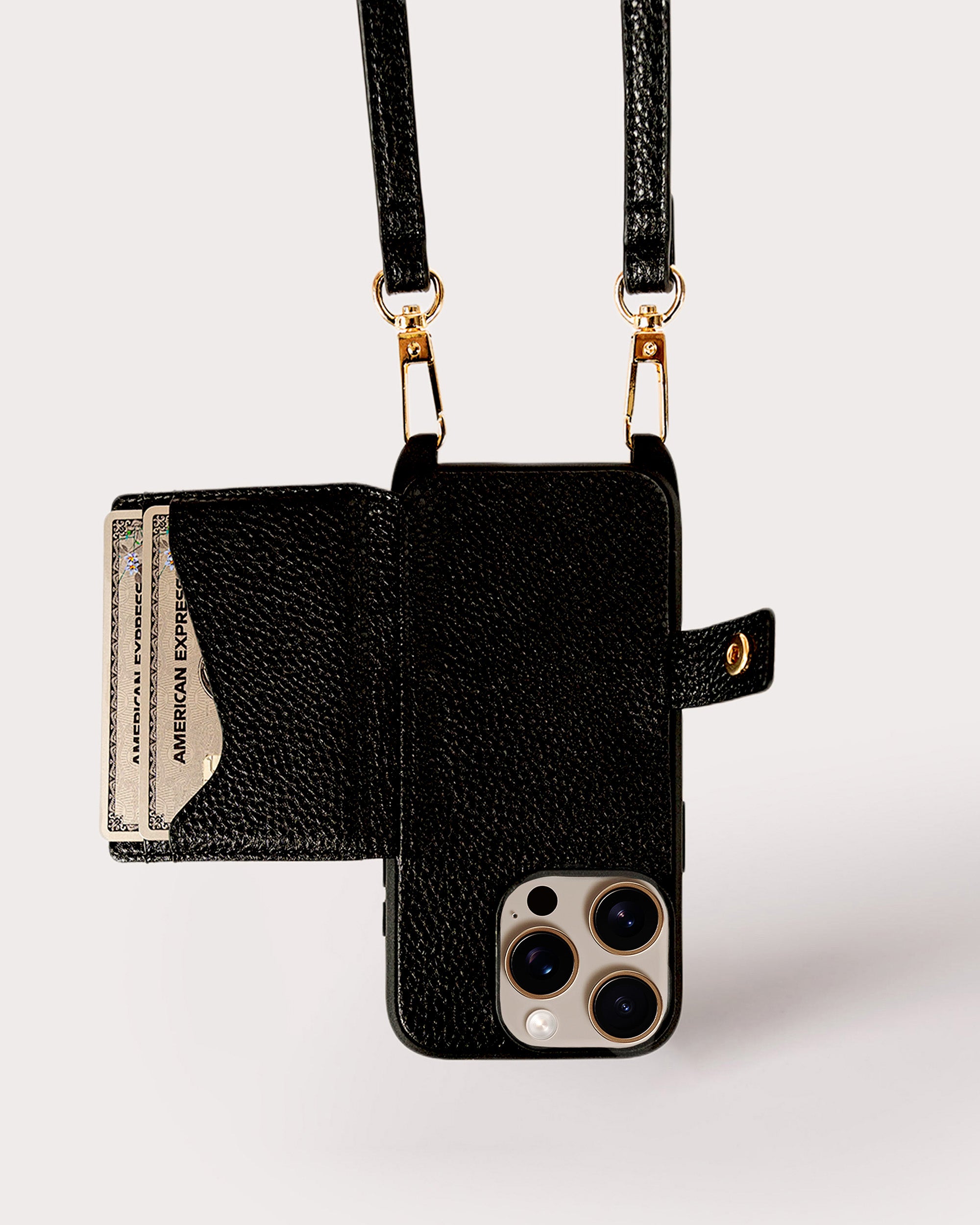 Holstere Vegan Leather iPhone Case Crossbody Phone Purse Cross Body Holster Clip for Easy Carry Hands Free - Black Pebbled Real Genuine Leather Snap In Durable Phone Case with Wallet Credit Card ID Sleeve Pocket, Snap Shut Button, and Adjustable Length Shoulder Strap with Gold Hardware and Clasp. iPhone Leash Necklace for iPhone 15, 15 Pro, 15 Pro Max, 16, 16 Pro, 16 Pro Max, 16, 17, 17 Pro, 17 Pro Max