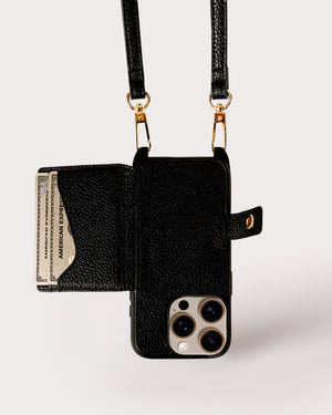 Holstere Vegan Leather iPhone Case Crossbody Phone Purse Cross Body Holster Clip for Easy Carry Hands Free - Black Pebbled Real Genuine Leather Snap In Durable Phone Case with Wallet Credit Card ID Sleeve Pocket, Snap Shut Button, and Adjustable Length Shoulder Strap with Gold Hardware and Clasp. iPhone Leash Necklace for iPhone 15, 15 Pro, 15 Pro Max, 16, 16 Pro, 16 Pro Max, 16, 17, 17 Pro, 17 Pro Max