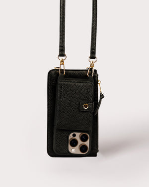 Holstere Vegan Leather iPhone Case Crossbody Phone Purse Cross Body Holster Clip for Easy Carry Hands Free - Black Pebbled Real Genuine Leather Snap In Durable Phone Case with Wallet Credit Card ID Sleeve Pocket, Snap Shut Button, and Adjustable Length Shoulder Strap with Gold Hardware and Clasp. iPhone Leash Necklace for iPhone 15, 15 Pro, 15 Pro Max, 16, 16 Pro, 16 Pro Max, 16, 17, 17 Pro, 17 Pro Max