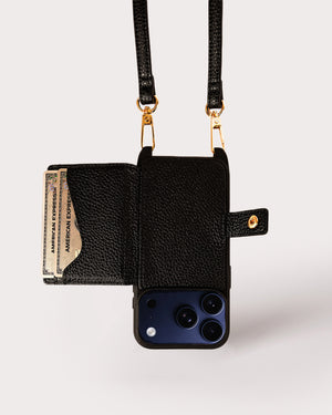 Holstere Vegan Leather iPhone Case Crossbody Phone Purse Cross Body Holster Clip for Easy Carry Hands Free - Black Pebbled Real Genuine Leather Snap In Durable Phone Case with Wallet Credit Card ID Sleeve Pocket, Snap Shut Button, and Adjustable Length Shoulder Strap with Gold Hardware and Clasp. iPhone Leash Necklace for iPhone 15, 15 Pro, 15 Pro Max, 16, 16 Pro, 16 Pro Max, 16, 17, 17 Pro, 17 Pro Max