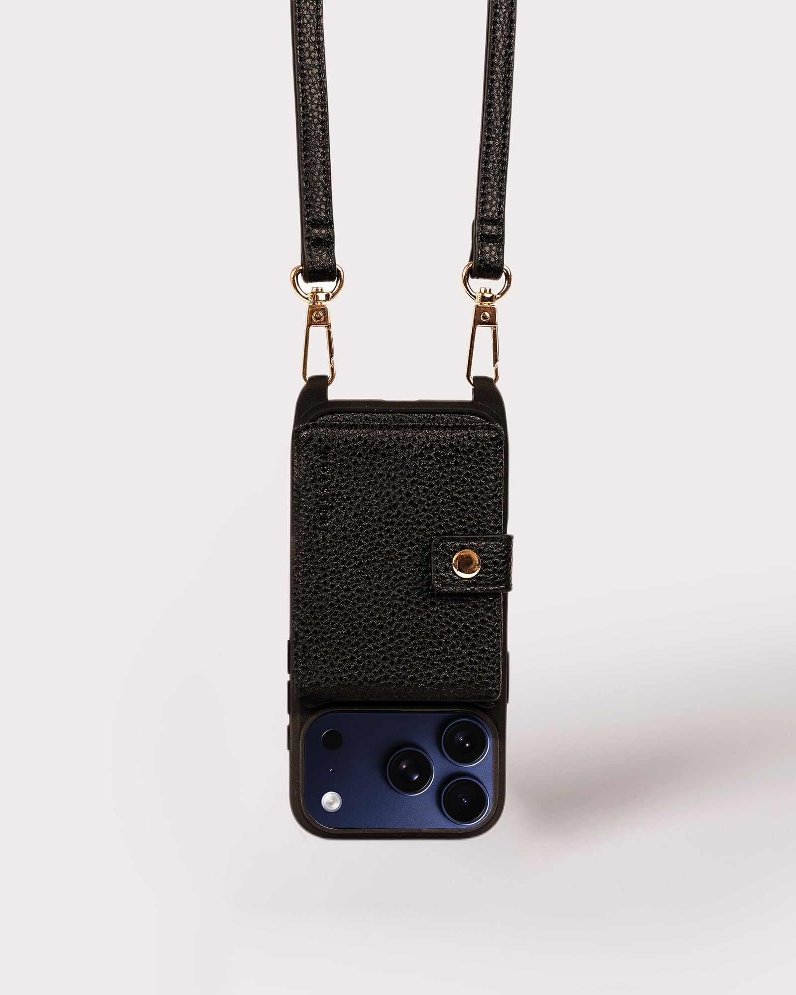 Holstere Vegan Leather iPhone Case Crossbody Phone Purse Cross Body Holster Clip for Easy Carry Hands Free - Black Pebbled Real Genuine Leather Snap In Durable Phone Case with Wallet Credit Card ID Sleeve Pocket, Snap Shut Button, and Adjustable Length Shoulder Strap with Gold Hardware and Clasp. iPhone Leash Necklace for iPhone 15, 15 Pro, 15 Pro Max, 16, 16 Pro, 16 Pro Max, 16, 17, 17 Pro, 17 Pro Max