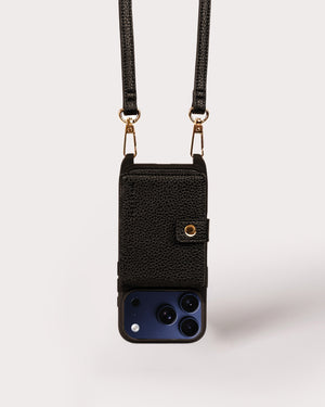 Holstere Vegan Leather iPhone Case Crossbody Phone Purse Cross Body Holster Clip for Easy Carry Hands Free - Black Pebbled Real Genuine Leather Snap In Durable Phone Case with Wallet Credit Card ID Sleeve Pocket, Snap Shut Button, and Adjustable Length Shoulder Strap with Gold Hardware and Clasp. iPhone Leash Necklace for iPhone 15, 15 Pro, 15 Pro Max, 16, 16 Pro, 16 Pro Max, 16, 17, 17 Pro, 17 Pro Max