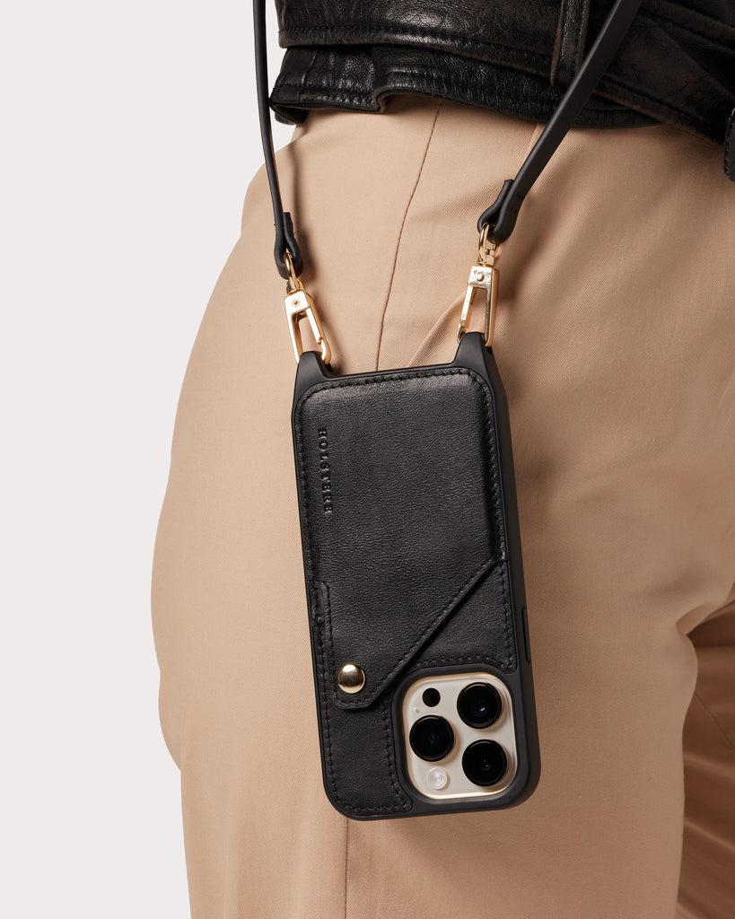 【BOHEMSEO】 LEATHER STRAP CARD HOLDER, BLACK BOSS - Faux-leather folding card holder with embossed logo