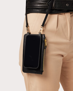 Holstere Genuine Leather iPhone Case Crossbody Phone Purse Cross Body Holster Clip for Easy Carry Hands Free - Black Smooth Vintage Real Genuine Leather Snap In Durable Phone Case with Wallet Credit Card ID Sleeve Pocket, Snap Shut Button, and Adjustable Length Shoulder Strap with Gold Hardware and Clasp. iPhone Leash Necklace for iPhone 14, 14 Pro, 14 Pro Max, 14 Plus