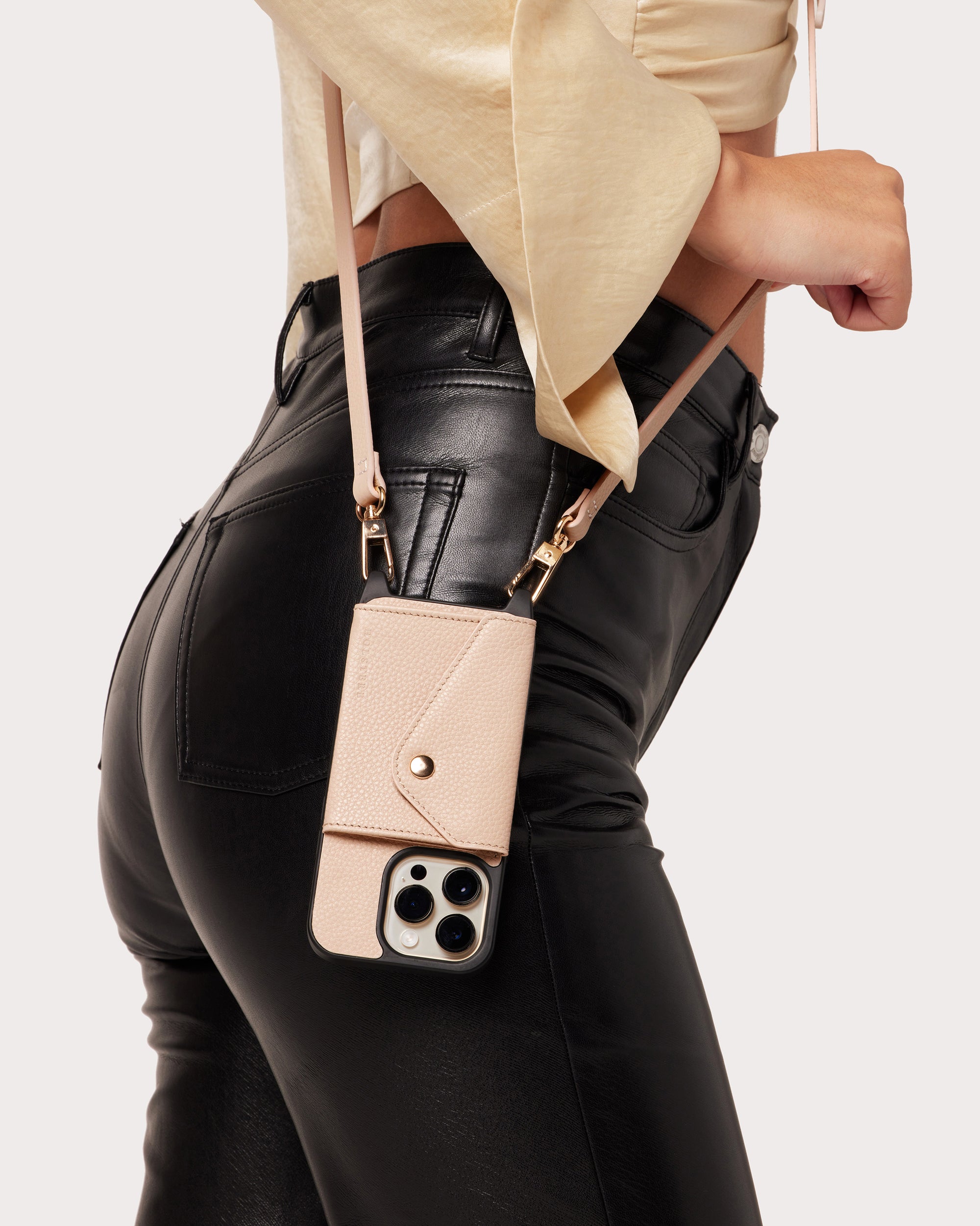 Holstere Genuine Leather iPhone Case Crossbody Phone Purse Cross Body Holster Clip for Easy Carry Hands Free - Cream Blushing Rose Pebbled Real Genuine Leather Snap In Durable Phone Case with Wallet Credit Card ID Sleeve Pocket, Snap Shut Button, and Adjustable Length Shoulder Strap with Gold Hardware and Clasp. iPhone Leash Necklace for iPhone 14, 14 Pro, 14 Pro Max, 14 Plus