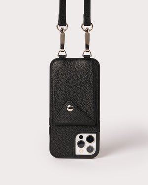 Holstere Genuine Leather iPhone Case Crossbody Phone Purse Cross Body Holster Clip for Easy Carry Hands Free - Black Pebbled Real Leather Snap In Phone Case with Wallet Credit Card ID Sleeve, Snap Shut Button, and Adjustable Length Shoulder Strap with Silver Hardware and Clasps. iPhone Leash for iPhone 6, 6s, 7, 8, SE, X, 10, XS, XR, XS Max, 11, 11 Pro, 11 Pro Max, 12, 12 Pro, 12 Pro Max, 12 Mini, 13, 13 Pro, 13 Pro Max, 13 Mini