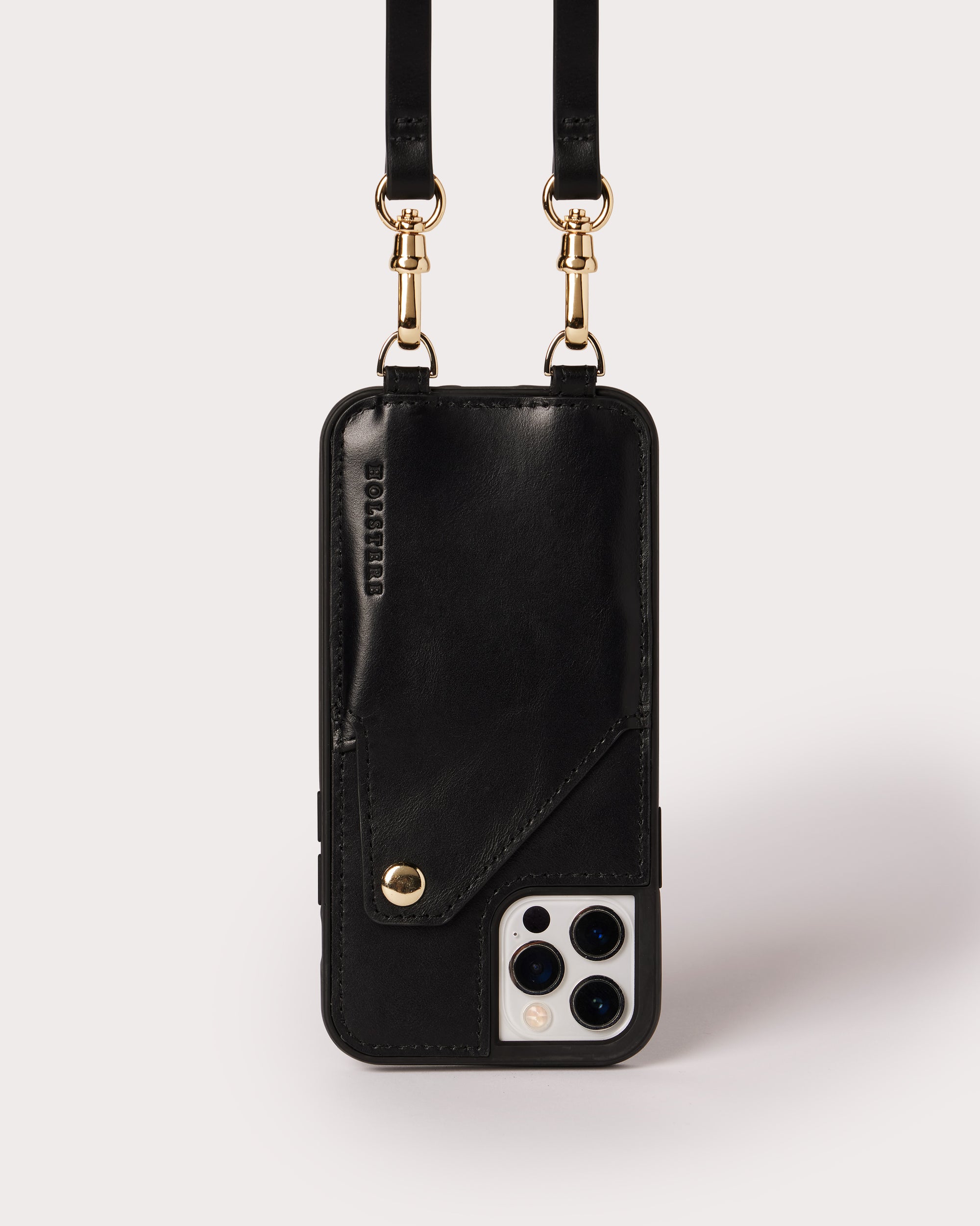 Holstere Genuine Leather iPhone Case Crossbody Phone Purse Cross Body Holster Clip for Easy Carry Hands Free - Real Black Smooth Leather Snap In Phone Case with Wallet Credit Card ID Sleeve, Snap Shut Button, and Adjustable Length Shoulder Strap with Gold Hardware. iPhone Leash for iPhone 6, 6s, 7, 8, 6 Plus, 7 Plus, 8 Plus, SE, X, 10, XS, XR, XS Max, 11, 11 Pro, 11 Pro Max, 12, 12 Pro, 12 Pro Max, 12 Mini, 13, 13 Pro, 13 Pro Max, 13 Mini