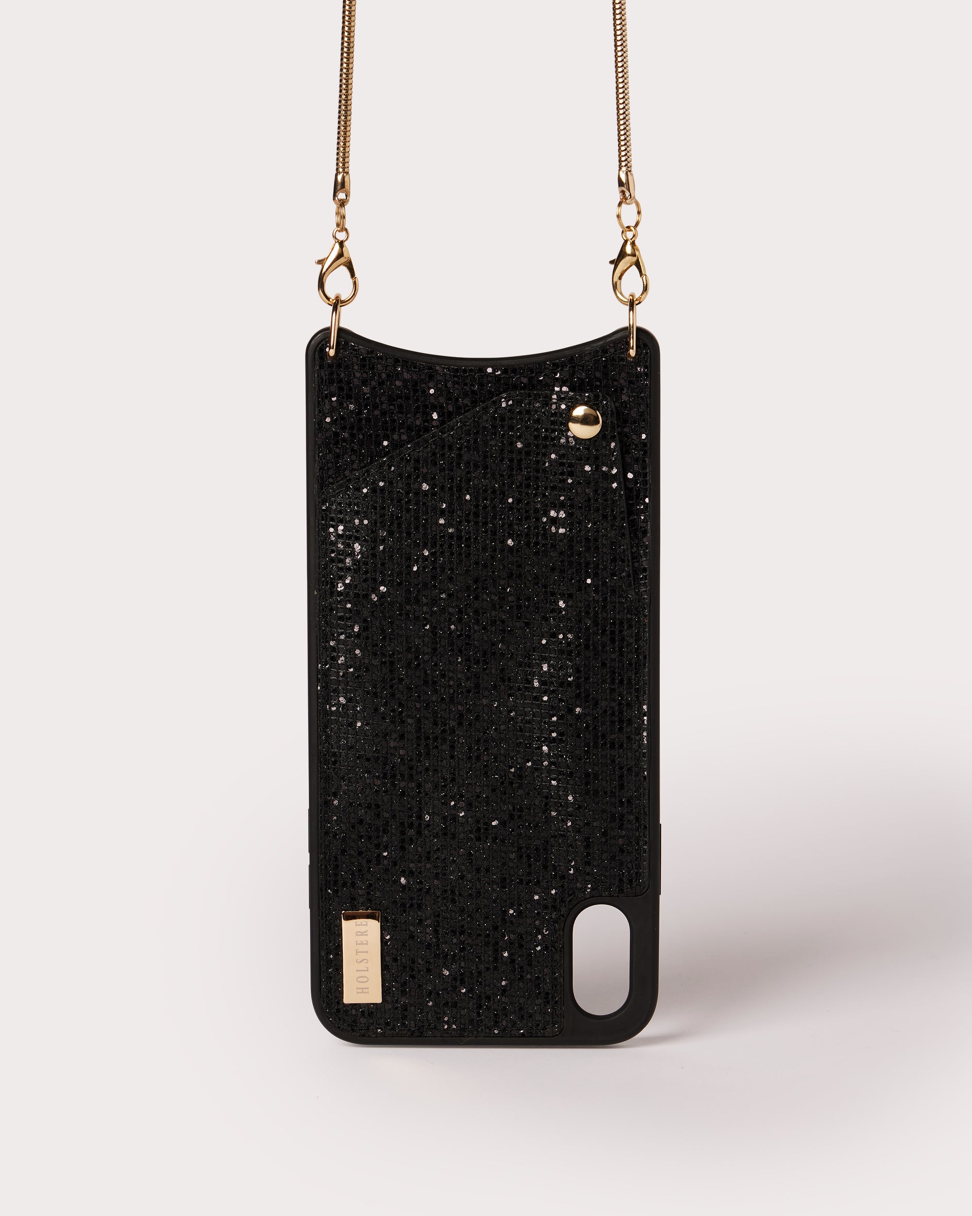 Holstere iPhone Case Crossbody Phone Purse Cross Body Holster Clip for Easy Carry Hands Free - Snap In Phone Case with Wallet Credit Card ID Sleeve and Snap Shut Button, Shoulder Strap - Glimmer Shiny Sparkly Black with Thin Lightweight Gold Toned Chain with Gold Clasp. iPhone Leash for iPhone 6, 6s, SE, 7, 8, 6 Plus, 7 Plus, 8 Plus, X, 10, XS, XR, XS Max