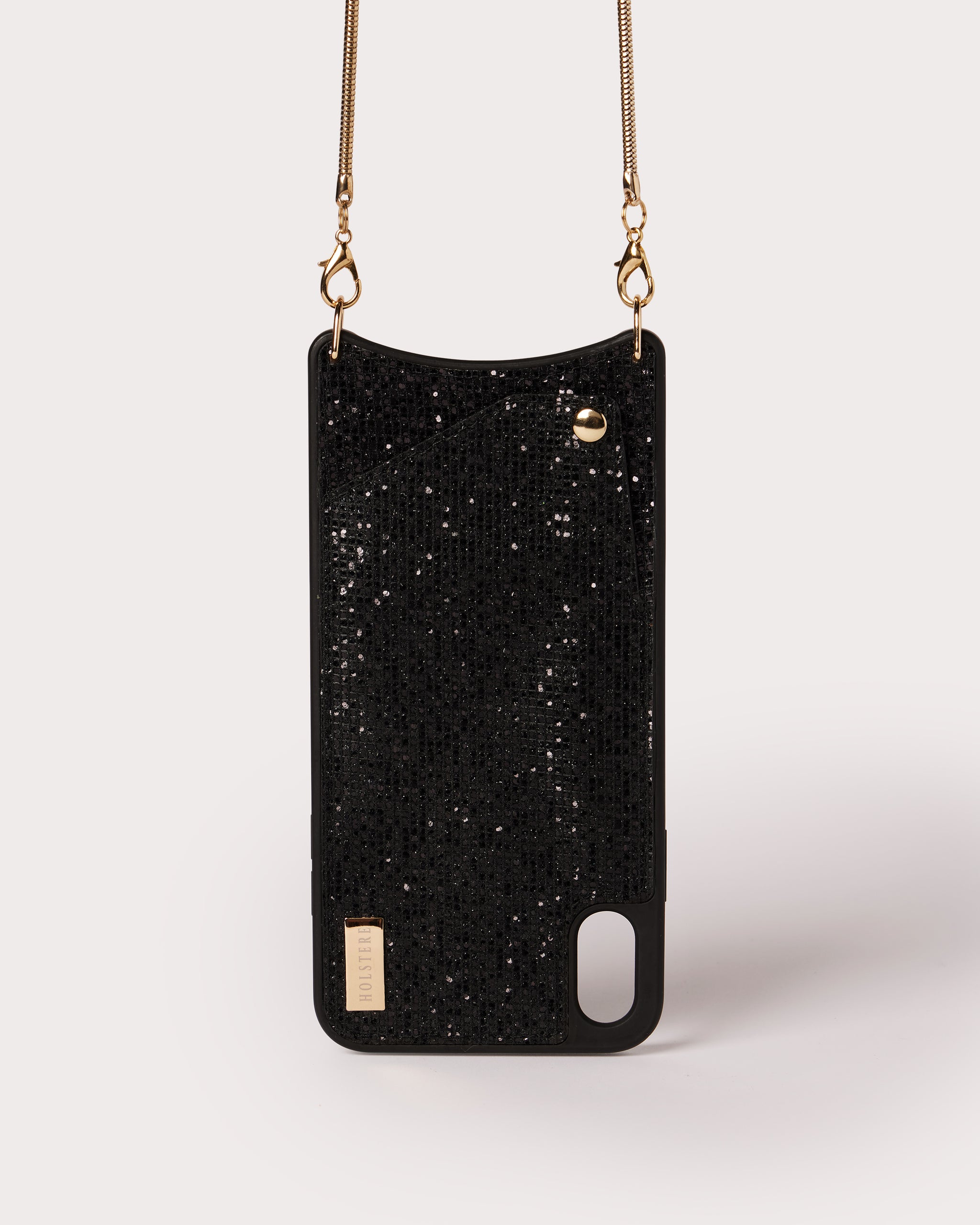 The Elle iPhone Case Crossbody in Black Glimmer Chain Strap in