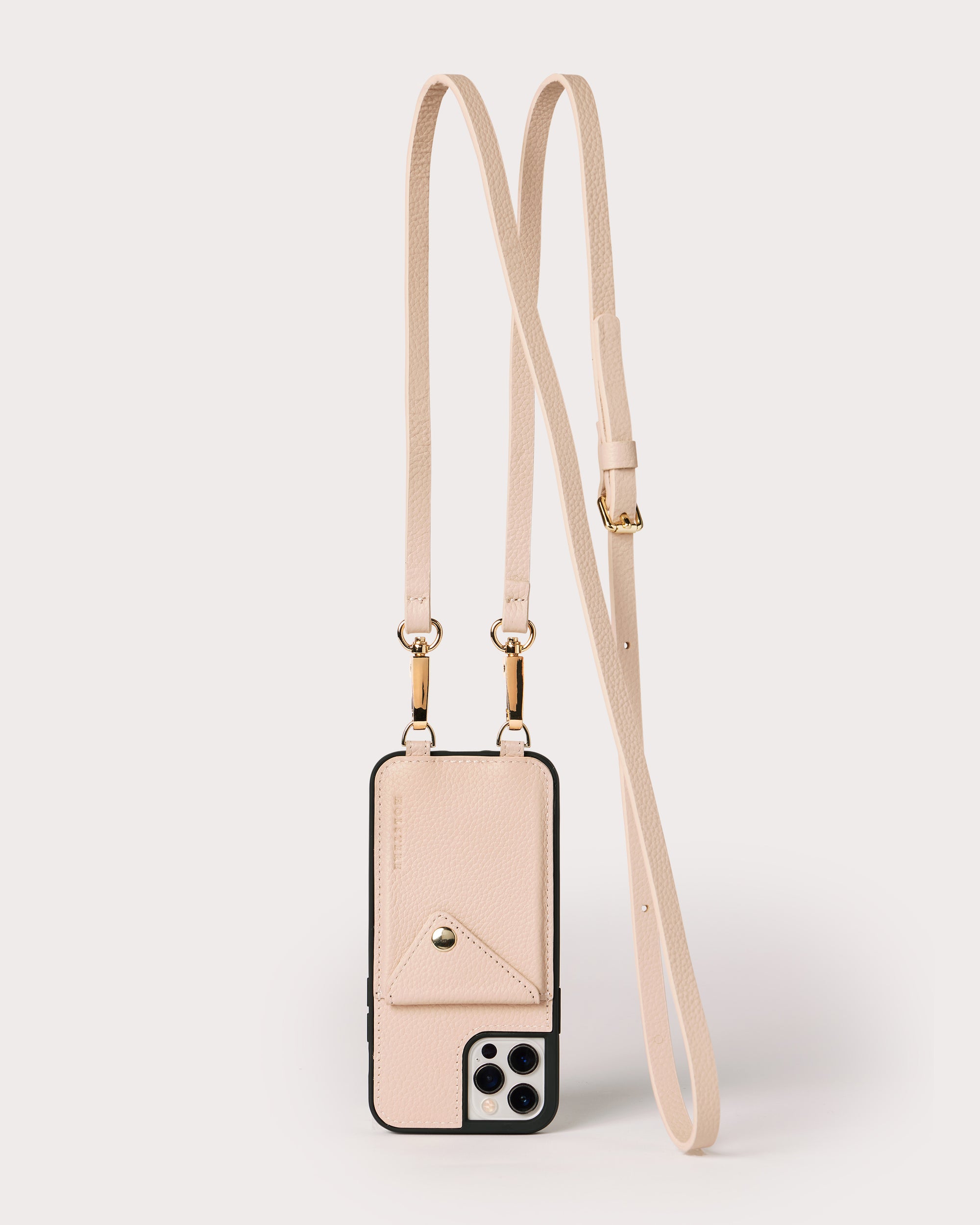 Holstere Genuine Leather iPhone Case Crossbody Phone Purse Cross Body Holster Clip for Easy Carry Hands Free - Cream (Rosy Blush / Pink) Pebbled Real Leather Snap In Phone Case with Wallet Credit Card ID Sleeve, Snap Shut Button, and Adjustable Length Shoulder Strap with Gold Hardware and Clasps. iPhone Leash for iPhone 6, 6s, 7, 8, SE, X, 10, XS, XR, 11, 11 Pro, 11 Pro Max, 12, 12 Pro, 12 Pro Max, 13, 13 Pro, 13 Pro Max, 13 Mini