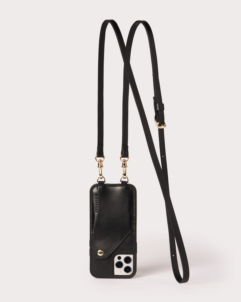 Holstere Genuine Pebbled Leather Studded Black Crossbody Strap with  Gold-Toned Hardware - HOLSTERE