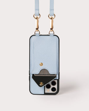 Holstere Genuine Leather iPhone Case Crossbody Phone Purse Cross Body Holster Clip for Easy Carry Hands Free - Light Blue Azure Real Pebbled Leather Snap In Phone Case with Wallet Credit Card ID Sleeve, Snap Shut Button, and Adjustable Length Shoulder Strap with Gold Hardware. iPhone Leash for iPhone 12, 12 Pro, 12 Pro Max
