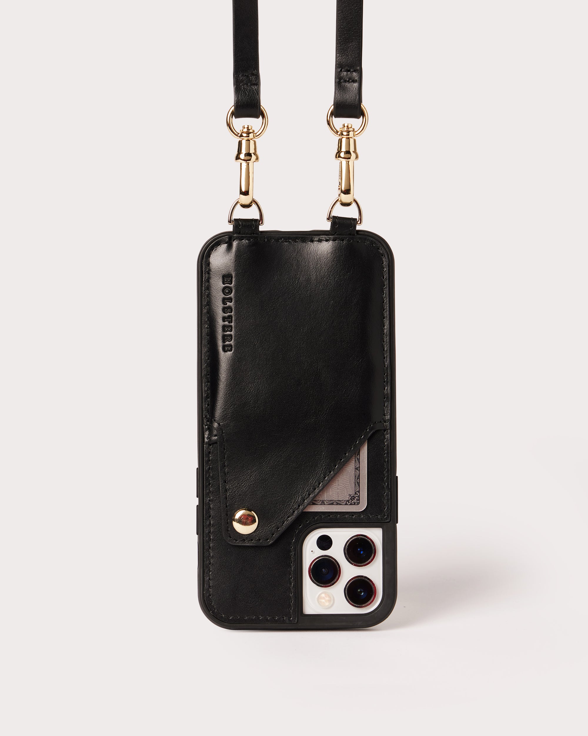 Holstere Genuine Leather iPhone Case Crossbody Phone Purse Cross Body Holster Clip for Easy Carry Hands Free - Real Black Smooth Leather Snap In Phone Case with Wallet Credit Card ID Sleeve, Snap Shut Button, and Adjustable Length Shoulder Strap with Gold Hardware. iPhone Leash for iPhone 6, 6s, 7, 8, 6 Plus, 7 Plus, 8 Plus, SE, X, 10, XS, XR, XS Max, 11, 11 Pro, 11 Pro Max, 12, 12 Pro, 12 Pro Max, 12 Mini, 13, 13 Pro, 13 Pro Max, 13 Mini