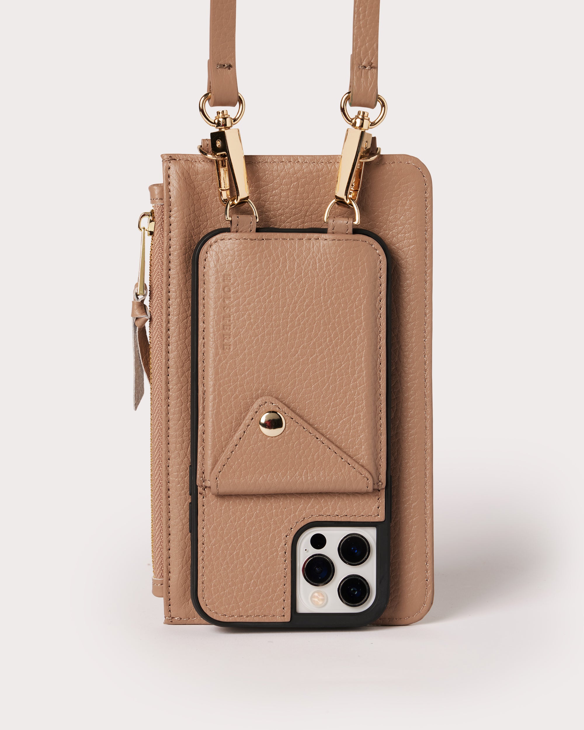 Holstere Genuine Leather iPhone Case Crossbody Phone Purse Cross Body Add On Zipper Zipped Pouch Taupe (Beige / Biscuit / Buff) for Extra Carry Space with Gold Zipper