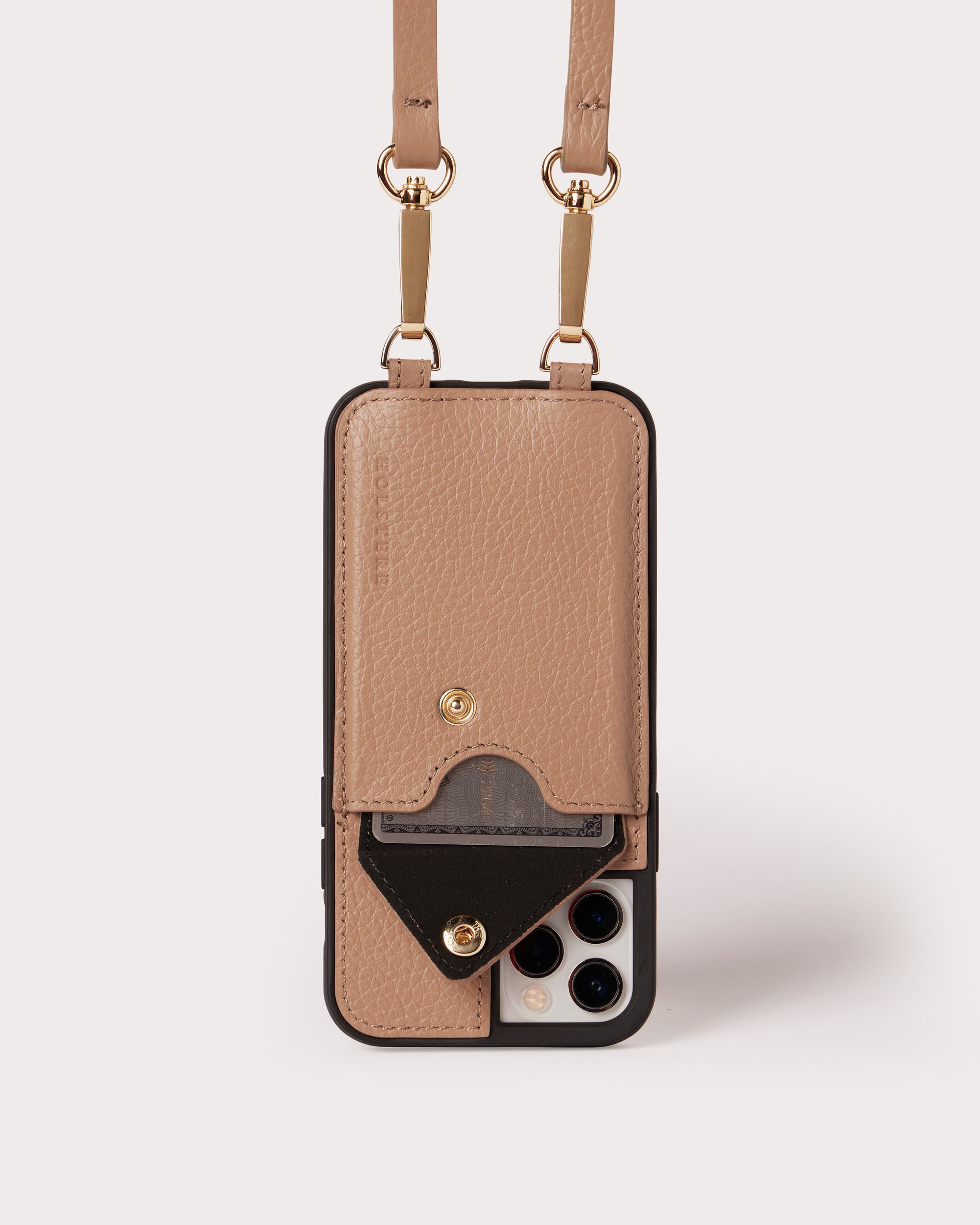 Holstere Genuine Leather iPhone Case Crossbody Phone Purse Cross Body Holster Clip for Easy Carry Hands Free - Taupe  (Beige / Biscuit / Buff)  Pebbled Real Leather Snap In Phone Case with Wallet Credit Card ID Sleeve, Snap Shut Button, and Adjustable Length Shoulder Strap with Gold Hardware and Clasps. iPhone Leash for iPhone 6, 6s, 7, 8, SE, XR, 11, 11 Pro, 11 Pro Max, 12, 12 Pro, 12 Pro Max, 13, 13 Pro, 13 Pro Max