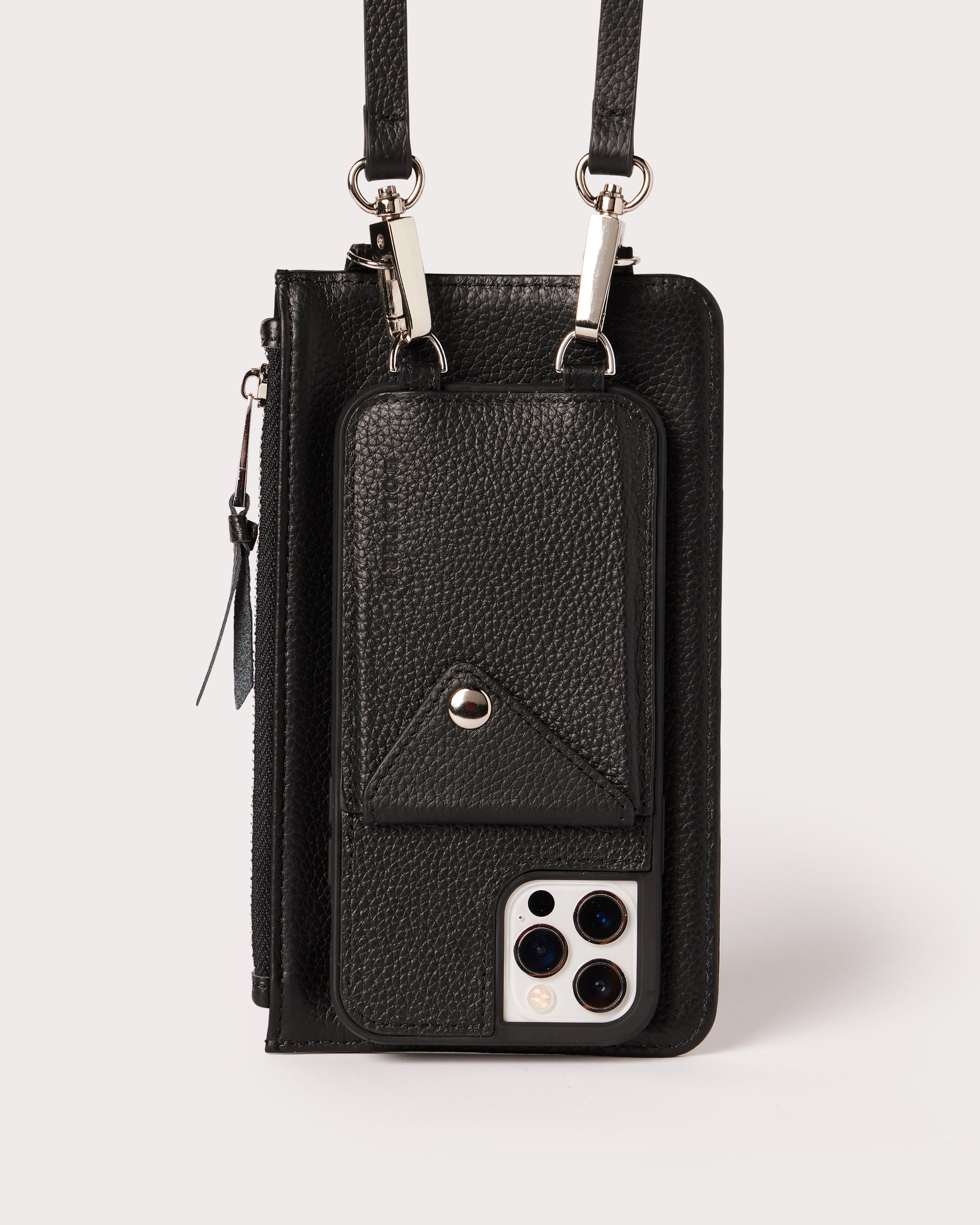 Holstere Genuine Leather iPhone Case Crossbody Phone Purse Cross Body Add On Zipper Zipped Pouch Black for Extra Carry Space with Silver Zipper