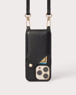 Holstere Genuine Leather iPhone Case Crossbody Phone Purse Cross Body Holster Clip for Easy Carry Hands Free - Black Smooth Vintage Real Genuine Leather Snap In Durable Phone Case with Wallet Credit Card ID Sleeve Pocket, Snap Shut Button, and Adjustable Length Shoulder Strap with Gold Hardware and Clasp. iPhone Leash Necklace for iPhone 14, 14 Pro, 14 Pro Max, 14 Plus