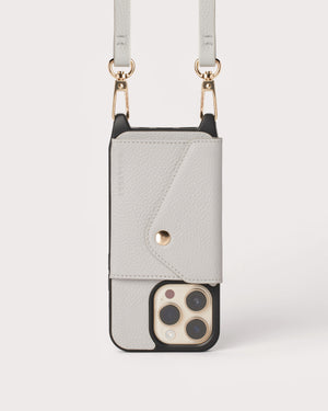 Holstere Genuine Leather iPhone Case Crossbody Phone Purse Cross Body Holster Clip for Easy Carry Hands Free - Light Grey Gray Pebbled Real Genuine Leather Snap In Durable Phone Case with Wallet Credit Card ID Sleeve Pocket, Snap Shut Button, and Adjustable Length Shoulder Strap with Gold Hardware and Clasp. iPhone Leash Necklace for iPhone 12, 12 Pro, 12 Pro Max, 13, 13 Pro, 13 Pro Max, 14, 14 Pro, 14 Pro Max, 14 Plus