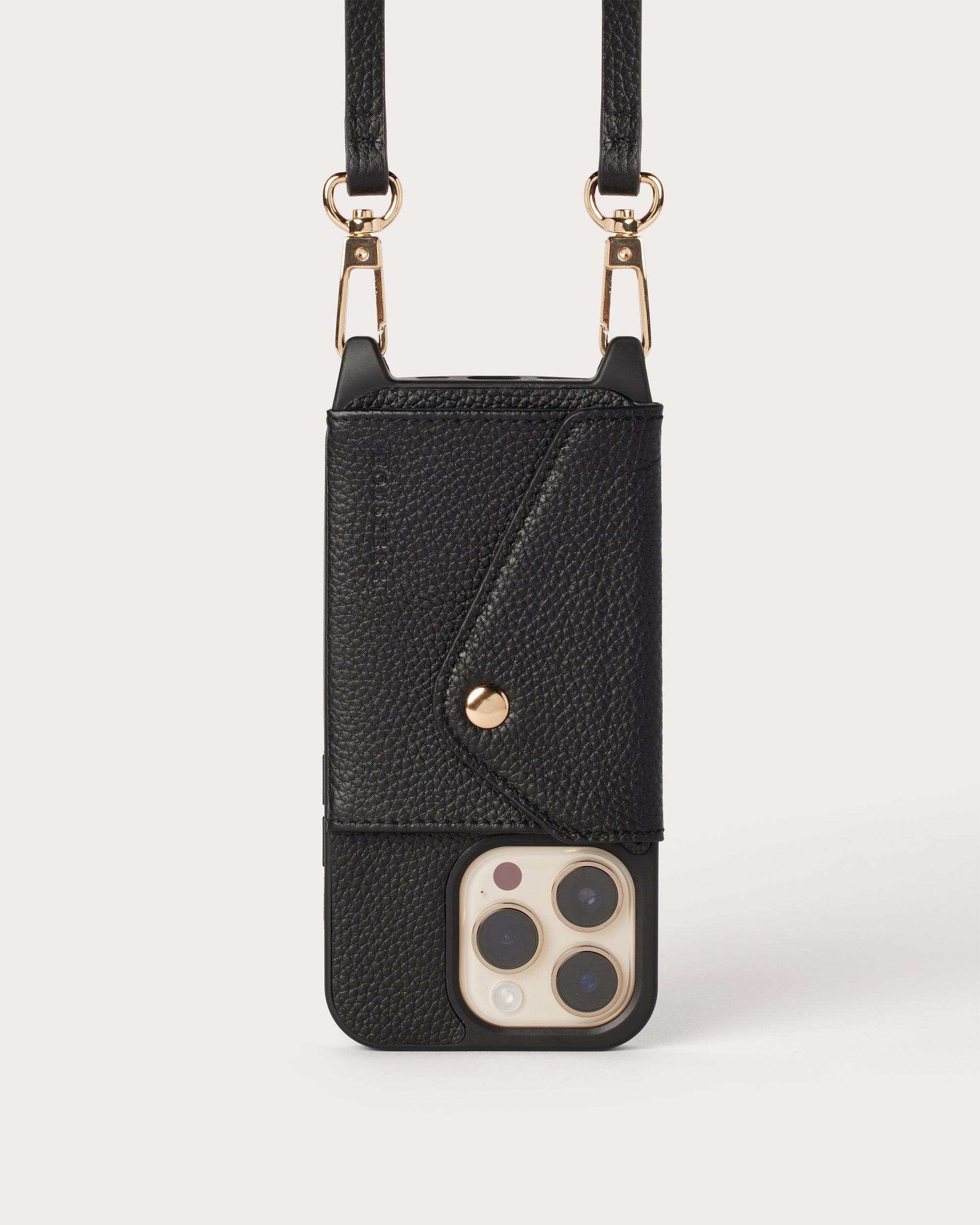 Holstere Genuine Pebbled Leather Studded Black Crossbody Strap with Gold-Toned Hardware